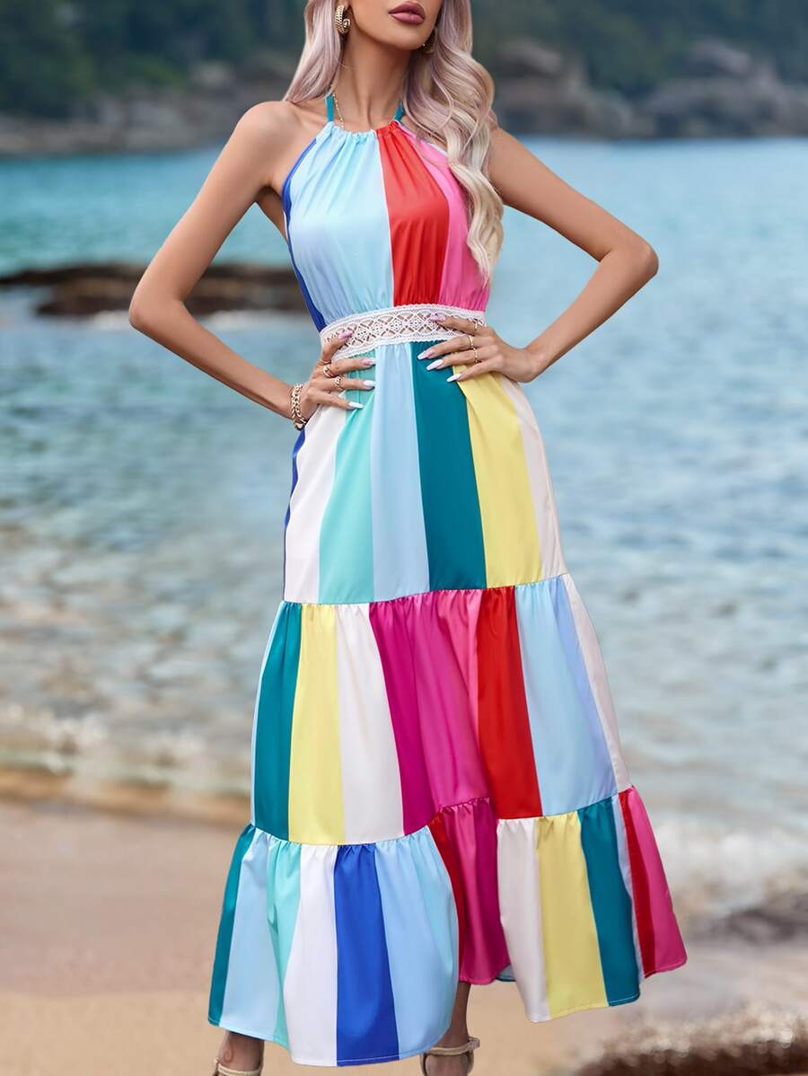 SHEIN VCAY 撞色提花蕾絲露背掛脖洋裝 - 彩色 - 查看 1