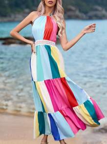 SHEIN VCAY 撞色提花蕾絲露背掛脖洋裝 - 彩色 - 查看 3