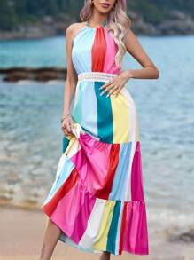 SHEIN VCAY 撞色提花蕾絲露背掛脖洋裝 - 彩色 - 查看 5