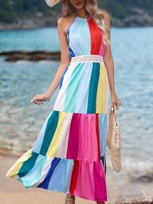 SHEIN VCAY 撞色提花蕾絲露背掛脖洋裝 - 彩色 - 查看 6