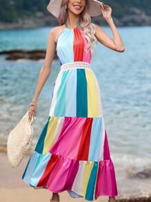 SHEIN VCAY 撞色提花蕾絲露背掛脖洋裝 - 彩色 - 查看 7