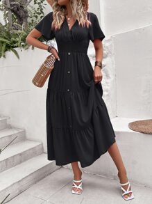 Breezaya 蝴蝶袖前紐扣多層下擺連衣裙 - 黑色 - 查看 1