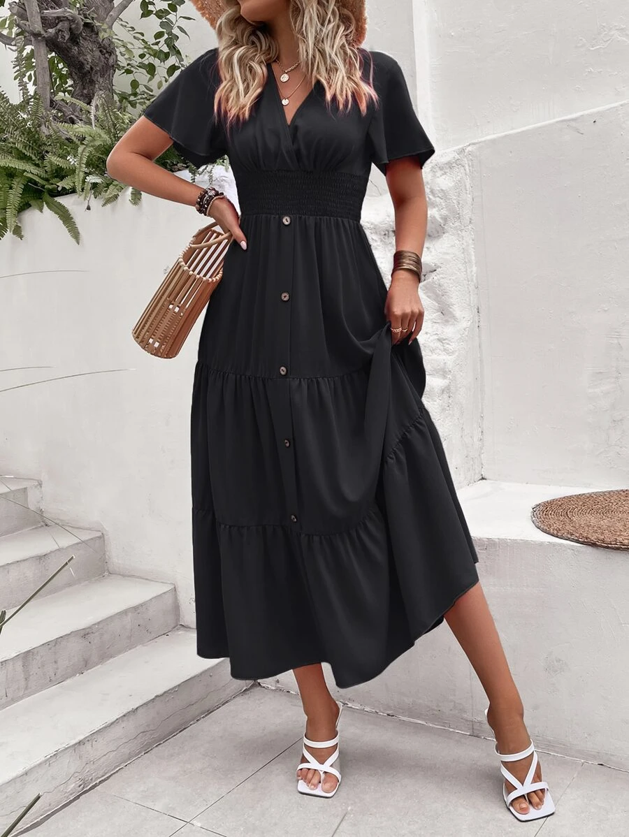 Breezaya 蝴蝶袖前紐扣多層下擺連衣裙 - 黑色 - 查看 1