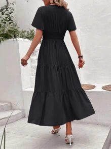 Breezaya 蝴蝶袖前紐扣多層下擺連衣裙 - 黑色 - 查看 2