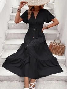 Breezaya 蝴蝶袖前紐扣多層下擺連衣裙 - 黑色 - 查看 5