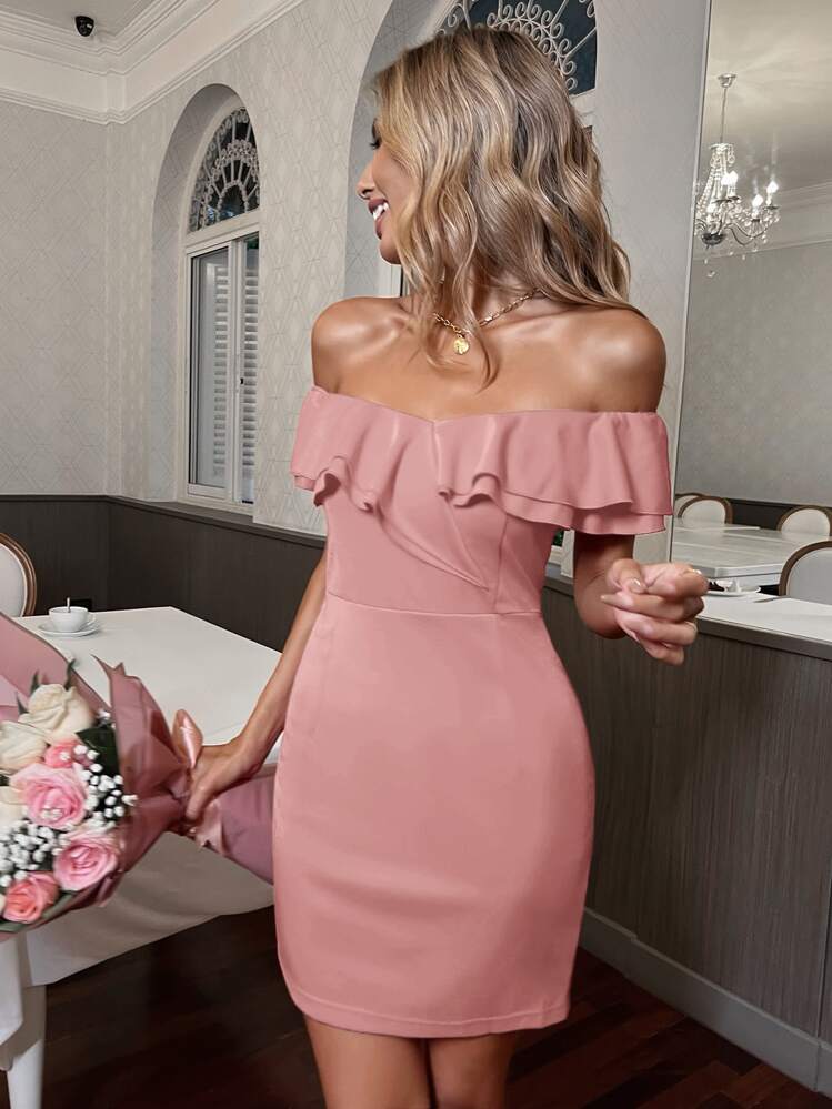 Breezaya オフショルダー フリルトリム ドレス - ベビーピンク - 見る 3