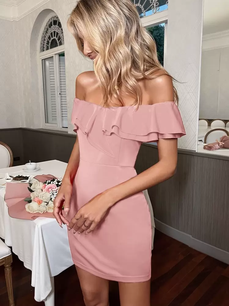 Breezaya オフショルダー フリルトリム ドレス - ベビーピンク - 見る 5