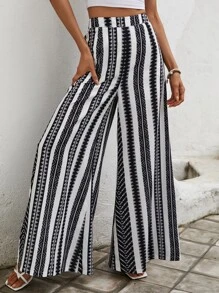 SHEIN VCAY Geo Print Wide Leg Pants - Black and White - View 5