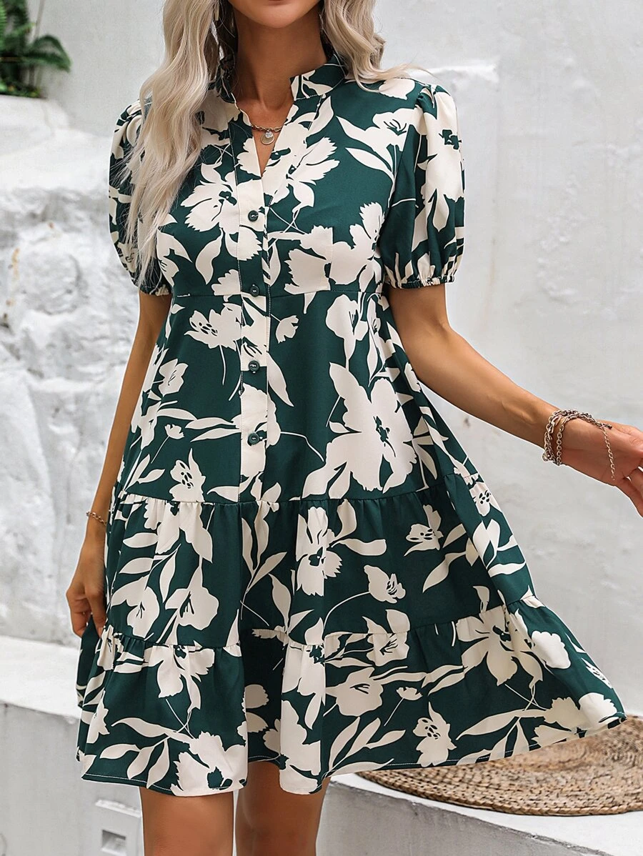 SHEIN VCAY Đầm phân lớp Hoa Tất cả trên in Boho - Màu xanh lá cây đậm - Xem 1