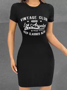 SHEIN EZwear Đầm Gân đan Slogan Giải trí - màu đen - Xem 1