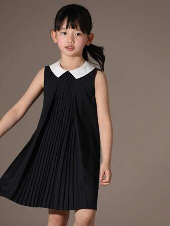 Young Girl's Sleeveless Pleated Color Block Dress With Collared And Classy Style