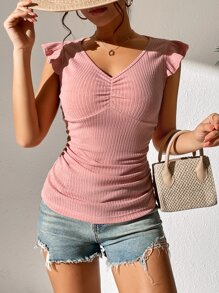 SHEIN Privé Áo thun nữ Xù Gân đan màu trơn Giải trí - Hồng - Xem 5