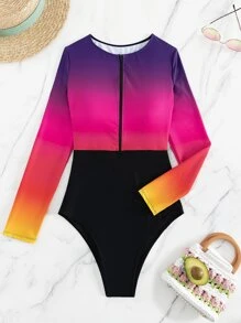 漸層前拉鍊連體泳衣