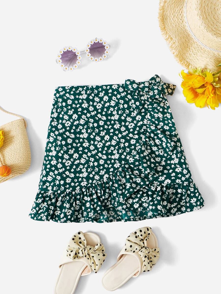 SHEIN 小女童碎花側打結荷葉邊裹身裙 - 綠色 - 查看 1