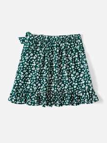 SHEIN 小女童碎花側打結荷葉邊裹身裙 - 綠色 - 查看 2