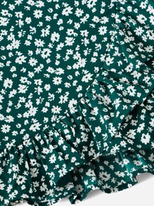 SHEIN 小女童碎花側打結荷葉邊裹身裙 - 綠色 - 查看 3