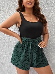SHEIN Unity 大碼斑點印花腰帶背心連體短褲 - 綠色 - 查看 3