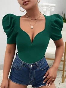 SHEIN Privé 雞心領口泡泡袖T恤 - 墨綠色 - 查看 1