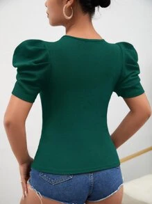 SHEIN Privé 雞心領口泡泡袖T恤 - 墨綠色 - 查看 2