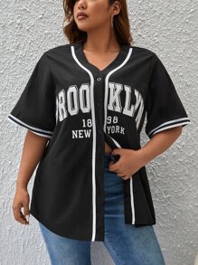 CovetEZ Plus Letter Graphic Striped Trim Blouse - Black and White - View 1