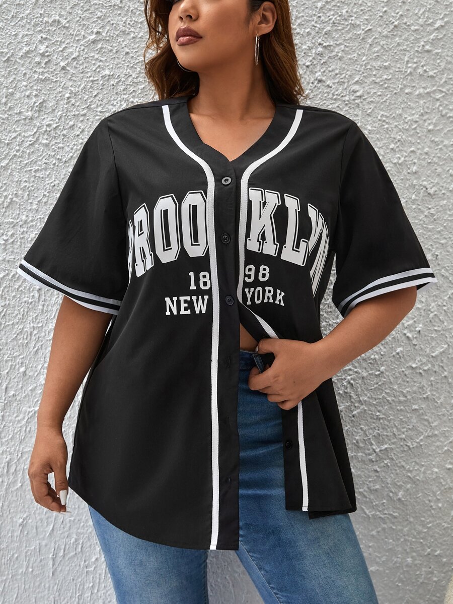 CovetEZ Plus Letter Graphic Striped Trim Blouse - Black and White - View 1