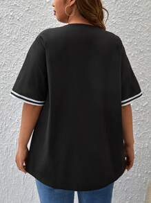 CovetEZ Plus Letter Graphic Striped Trim Blouse - Black and White - View 2