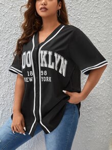 CovetEZ Plus Letter Graphic Striped Trim Blouse - Black and White - View 4