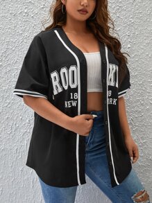 CovetEZ Plus Letter Graphic Striped Trim Blouse - Black and White - View 5