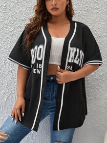 CovetEZ Plus Letter Graphic Striped Trim Blouse - Black and White - View 6