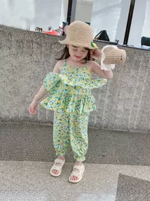 Toddler Girls Allover Print Ruffle Trim Cami Top & Trousers - Green - View 1
