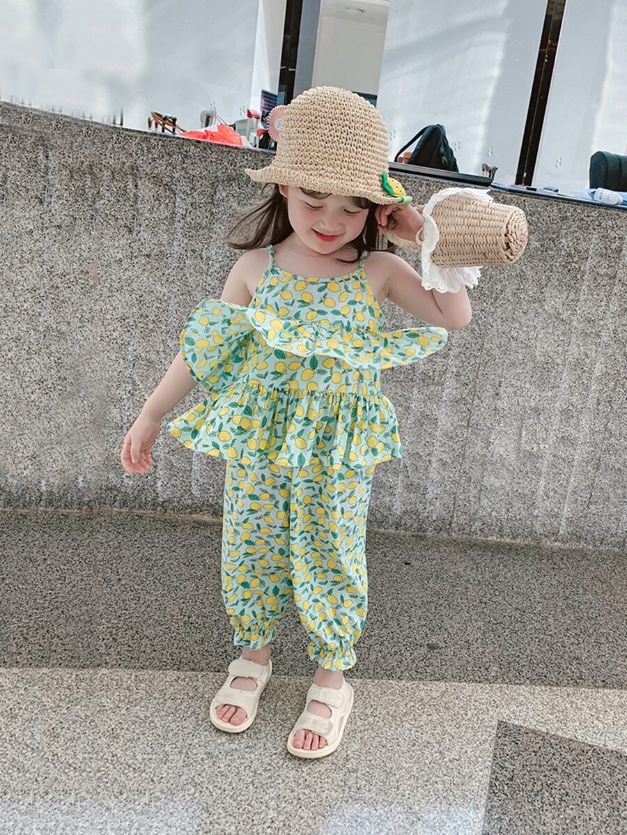 Toddler Girls Allover Print Ruffle Trim Cami Top & Trousers - Green - View 1