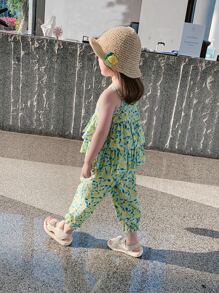 Toddler Girls Allover Print Ruffle Trim Cami Top & Trousers - Green - View 2