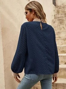 SHEIN Frenchy Contrast Lace Keyhole Back Mock Neck Blouse - Navy Blue - View 2