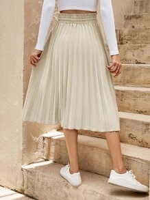 SHEIN Clasi 紙袋腰腰部抽繩百褶半身裙 - 杏色 - 查看 2