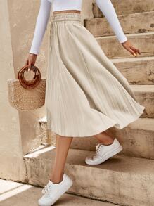 SHEIN Clasi 紙袋腰腰部抽繩百褶半身裙 - 杏色 - 查看 3