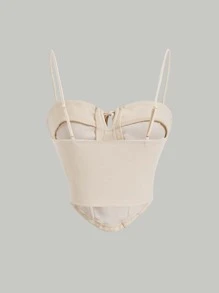 SHEIN MOD 前繫帶弧形下擺吊帶上衣 - 杏色 - 查看 2