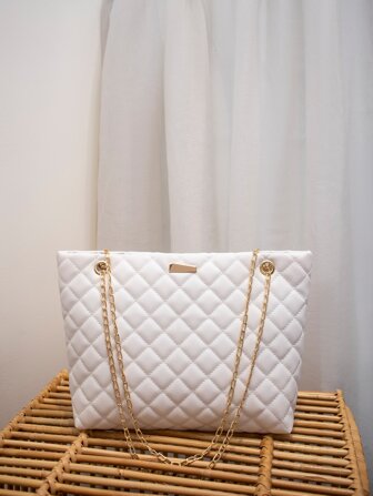 Women's Fashion Tote Bag, Quilted Large Capacity Chain Tote Bag, Versatile Ladies Handbag, Minimalist Style Shoulder Tote Bag