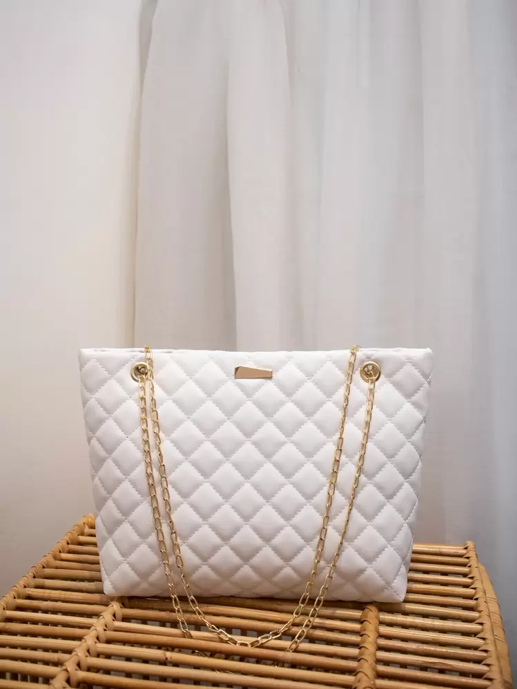 Quilted Chain Shoulder Tote Bag School Bag Large Capacity Portable Classic Casual Business Casual For Teen Girls Women College Students White Collar Workers Perfect For Work Back To School Middle Scho...
