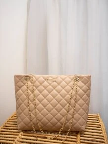 Women's Fashion Tote Bag, Quilted Large Capacity Chain Tote Bag, Versatile Ladies Handbag, Minimalist Style Shoulder Tote Bag - Khaki - View 1