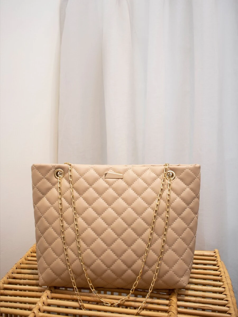 Women's Fashion Tote Bag, Quilted Large Capacity Chain Tote Bag, Versatile Ladies Handbag, Minimalist Style Shoulder Tote Bag - Khaki - View 1