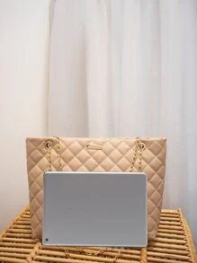 Women's Fashion Tote Bag, Quilted Large Capacity Chain Tote Bag, Versatile Ladies Handbag, Minimalist Style Shoulder Tote Bag - Khaki - View 2