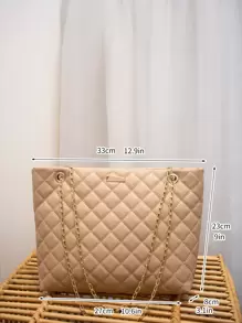 Women's Fashion Tote Bag, Quilted Large Capacity Chain Tote Bag, Versatile Ladies Handbag, Minimalist Style Shoulder Tote Bag - Khaki - View 3