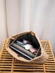 Women's Fashion Tote Bag, Quilted Large Capacity Chain Tote Bag, Versatile Ladies Handbag, Minimalist Style Shoulder Tote Bag - Khaki - View 6