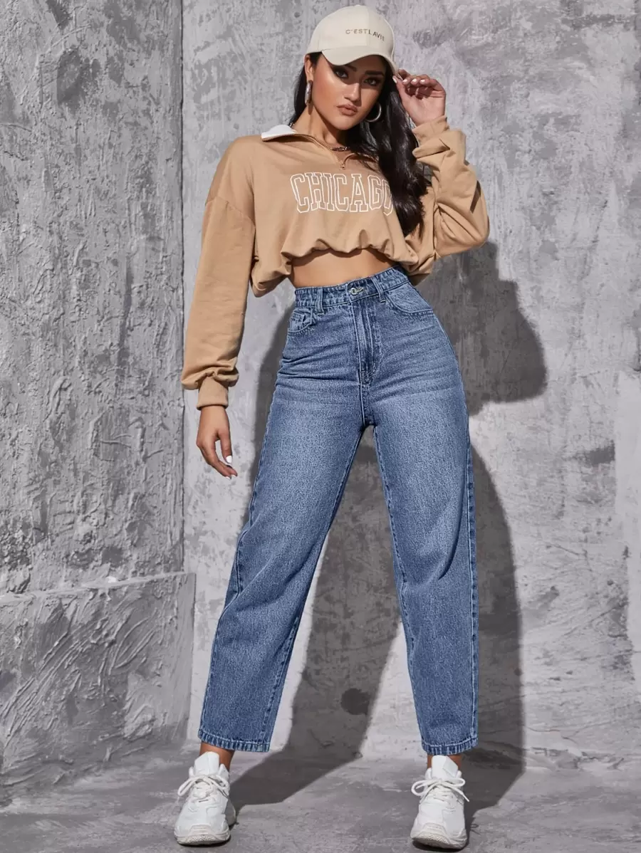 SHEIN EZwear High Waist Mom Fit Jeans - Medium Wash - View 1