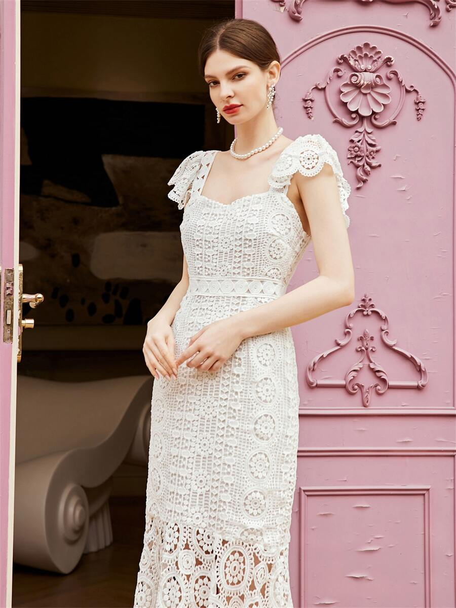 Sweetheart Neck Ruffle Trim Lace Dress