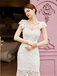 Sweetheart Neck Ruffle Trim Lace Dress