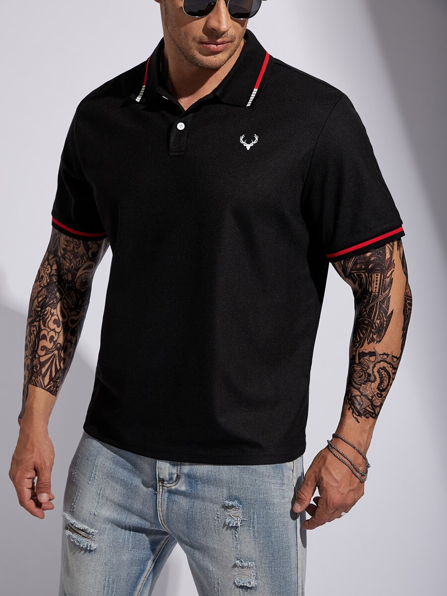 Manfinity Homme Men Plus Antler Print Contrast Trim Polo Shirt - Black - View 1