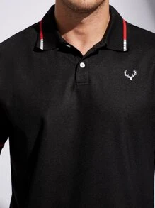 Manfinity Homme Men Plus Antler Print Contrast Trim Polo Shirt - Black - View 3