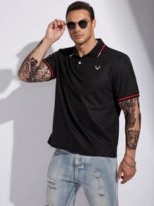 Manfinity Homme Men Plus Antler Print Contrast Trim Polo Shirt - Black - View 4
