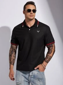 Manfinity Homme Men Plus Antler Print Contrast Trim Polo Shirt - Black - View 6